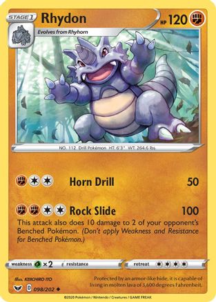 Rhydon 098/202  - Reverse Holofoil SWSH01 Sword & Shield Base Set - Uncommon