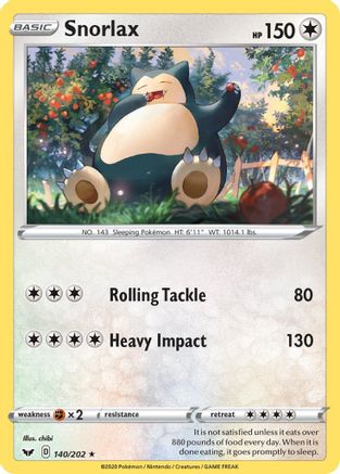 Snorlax 140/202  - Reverse Holofoil SWSH01 Sword & Shield Base Set - Rare