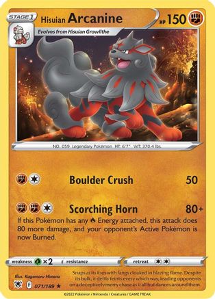 Hisuian Arcanine 071/189  - Reverse Holofoil SWSH10 Astral Radiance - Rare