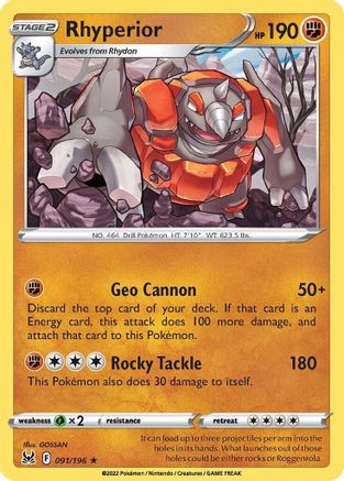 Rhyperior 091/196  - Reverse Holofoil SWSH11 Lost Origin - Rare