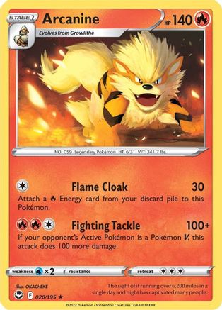 Arcanine 020/195  - Reverse Holofoil SWSH12 Silver Tempest - Rare