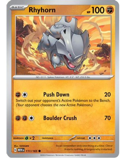 Rhyhorn 111/165  - Reverse Holofoil SV Scarlet & Violet 151 - Common