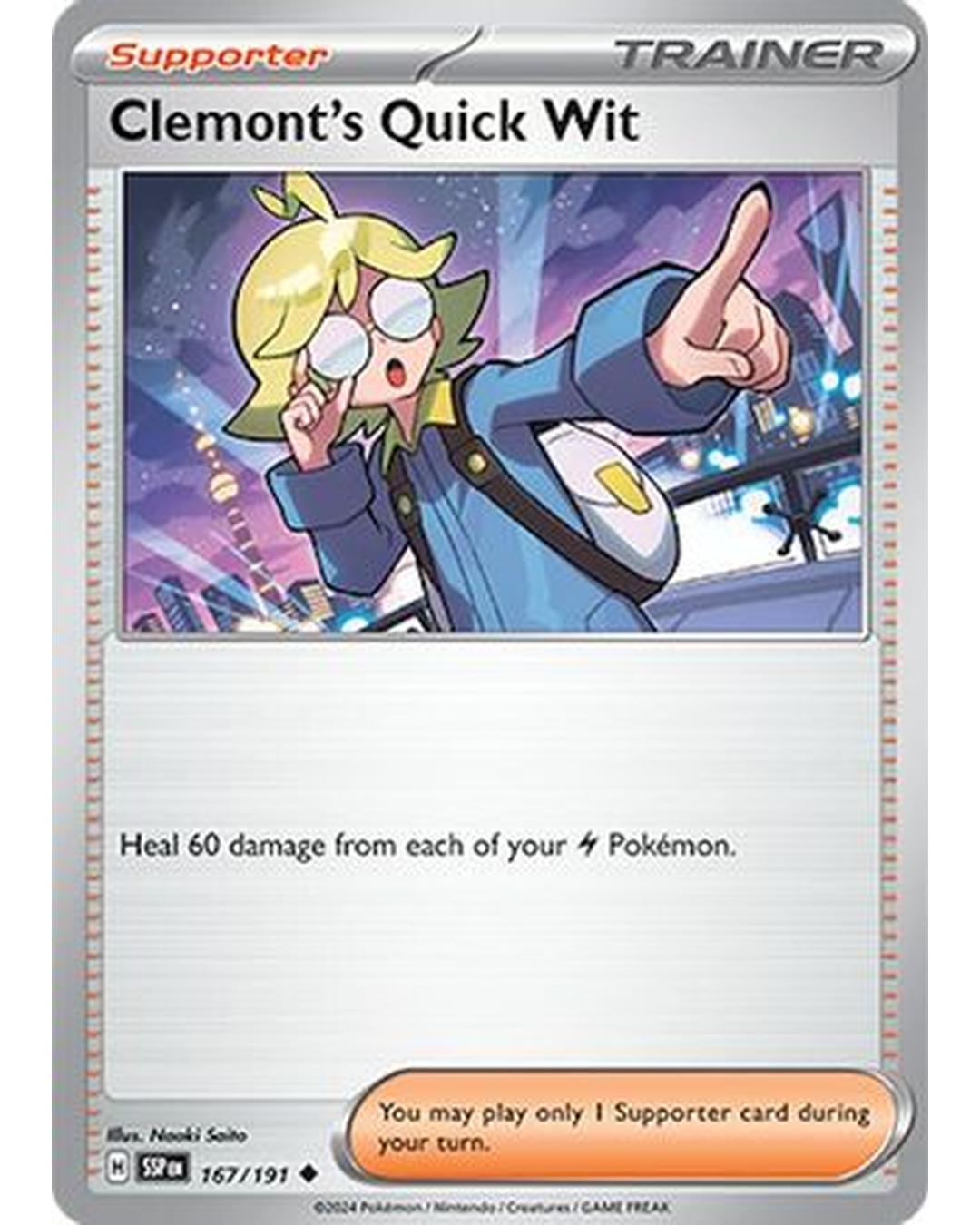 Clemont's Quick Wit 167/191  - Reverse Holofoil SV08 Surging Sparks - Uncommon